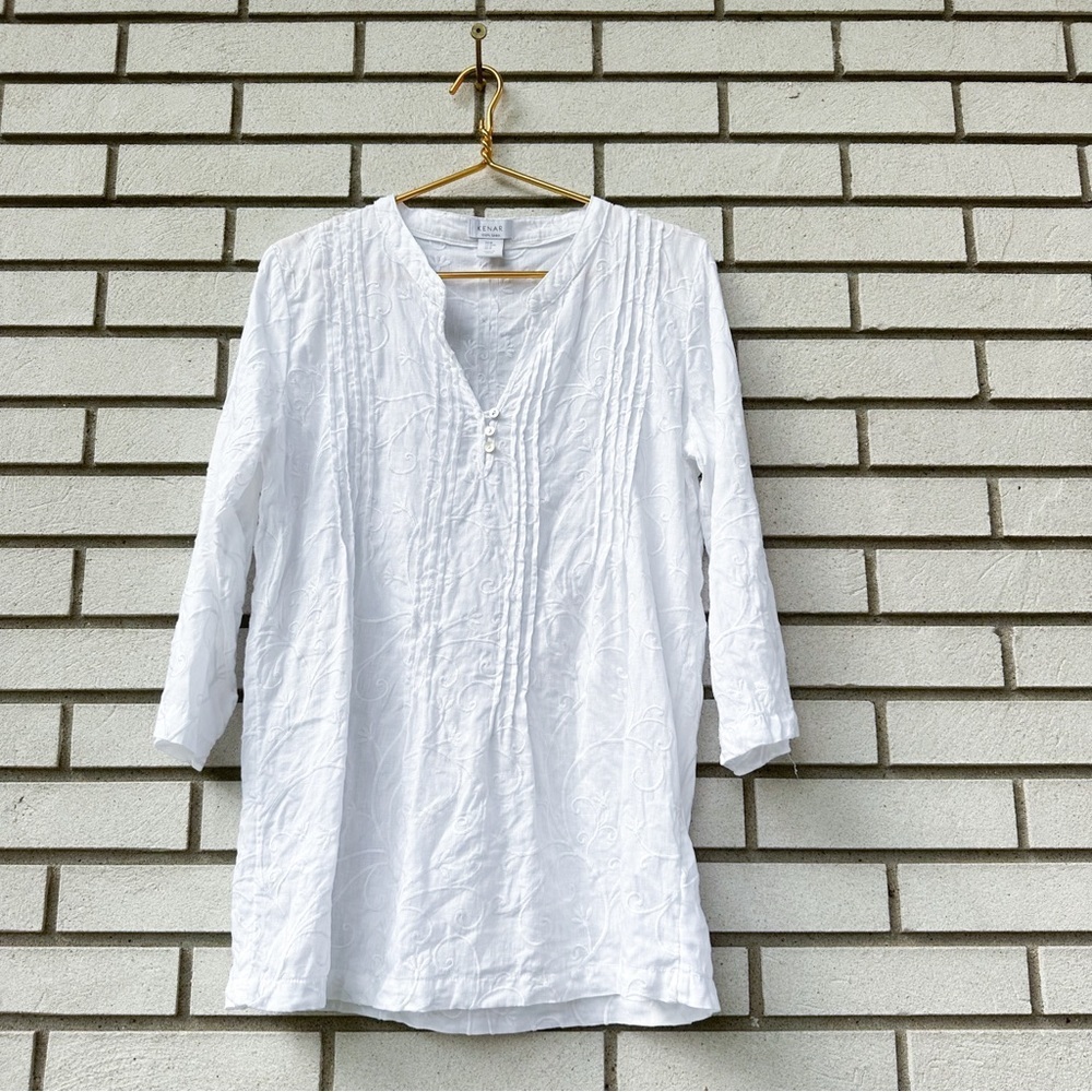 Kenar White 100% Linen Embroidered Tunic Top M V-Neck 3/4 Sleeve Boho Beach